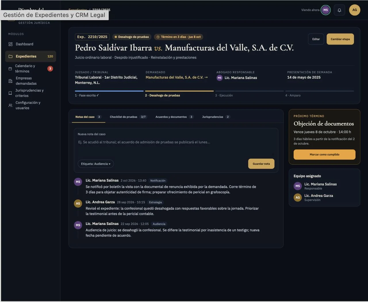 Detalle de un expediente con notas del equipo, etapa y próximo término